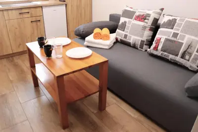 a living room with a couch and a table at Apartamenty Zator Energy Rest in Zator