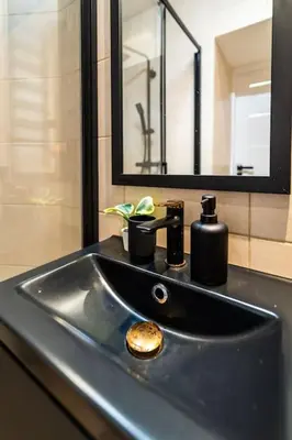 a bathroom sink with a soap dispenser and a mirror at Old Town Studio Wawel in Kraków