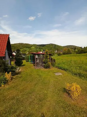 a yard with a house in the middle of a field at W Rajbrocie u Ewusi in Rajbrot