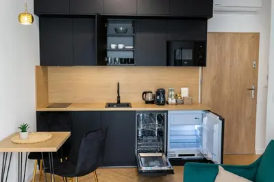 a kitchen with a counter with a dish washer at DS Apartamenty Jaśminowa in Zator