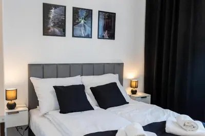 a bedroom with a bed with black and white sheets at DS Apartamenty Jaśminowa in Zator