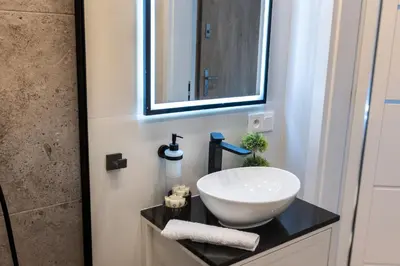 a bathroom with a sink and a mirror at DS Apartamenty Jaśminowa in Zator
