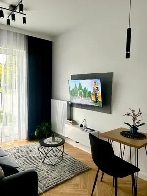 a living room with a couch and a tv on a wall at DS Apartamenty Jaśminowa in Zator