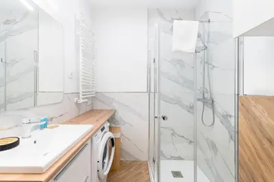 a bathroom with a shower and a washing machine at Wiślane Tarasy 2 0 Chic Studio by BookingHost in Kraków