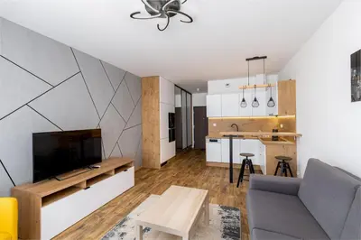 a living room with a large television and a kitchen at Wiślane Tarasy 2 0 Chic Studio by BookingHost in Kraków