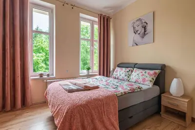 a bedroom with a bed and two windows at Apartament 45m2 - Sunny&Quiet - VERY CLOSE to Auschwitz Museum ! in Oświęcim
