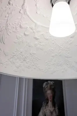 a white ceiling with a lamp and a picture of a woman at Native Apartments Starowiślna 43 in Kraków