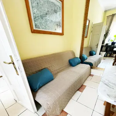 a living room with a couch with blue pillows at Źródlana13 Apartamenty Maków Podhalański in Maków Podhalański