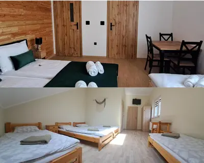 two pictures of a bedroom with two beds and a table at Pokoje Izabela - Noclegi Graboszyce - Zator in Graboszyce