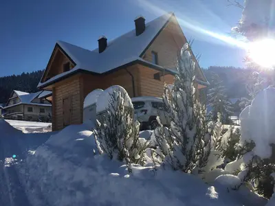 a house covered in snow with trees at Gorczański dom z bali w górach in Poręba Wielka