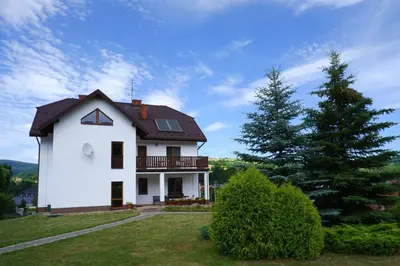 a white house on a hill with a pine tree at Willa Tulipan in Kamienica