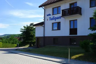 a building with a sign on the side of it at Willa Tulipan in Kamienica