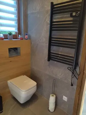a bathroom with a white toilet in a room at Gładyszówka - Chatka w Gorcach in Ponice