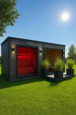 a small building with plants in a yard at Domki na Wiśniowej Zator in Zator
