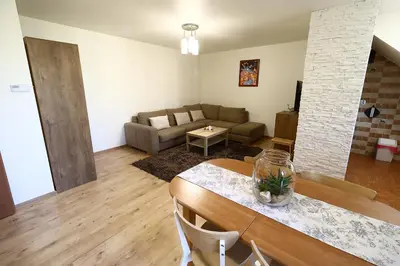 a living room with a table and a couch at Rabczański Apartament in Rabka-Zdroj