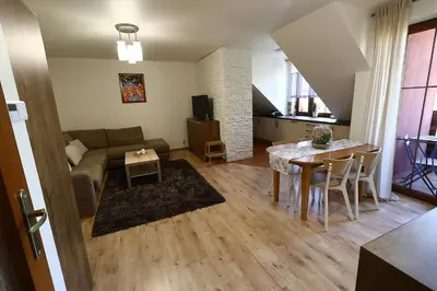 a living room with a couch and a table at Rabczański Apartament in Rabka-Zdroj