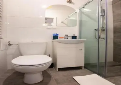 a bathroom with a toilet and a sink and a shower at Spacious City Center Family Apartments in Kraków