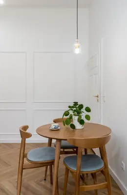 a dining room table and chairs with a potted plant at Mostowa Street by Tyzenhauz in Kraków