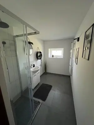 a bathroom with a glass shower and a sink at Apartament Koninki in Poręba Wielka