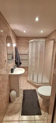 a bathroom with a shower and a sink and a toilet at Spokojny Domek w Skawicy in Skawica