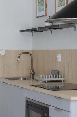 a kitchen with a sink and a stove at Luxury Studio with an AC - Lwowska 10 street in Kraków