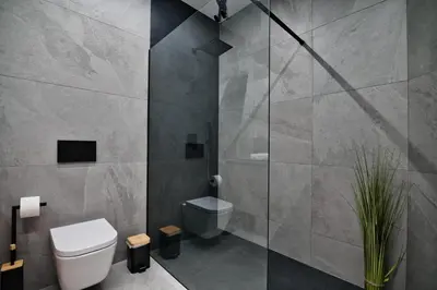 a bathroom with a toilet and a glass shower at Apartament Venus by Housine in Zator