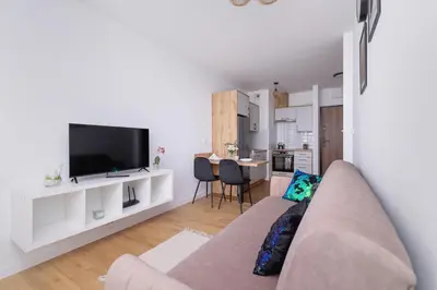 a living room with a couch and a flat screen tv at Stylish Apartment near Tauron Arena by Rent like home in Kraków