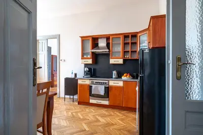 a kitchen with wooden cabinets and a black refrigerator at Vista View Apartment in Kraków