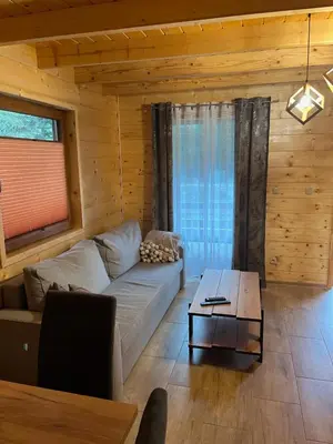a living room with a couch and a table at Leśne Zacisze in Ochotnica Górna