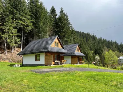 a house in the middle of a field with trees at Leśne Zacisze in Ochotnica Górna