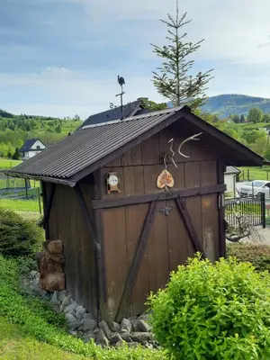a small wooden shed with a door in a yard at Morycówka in Rzyki