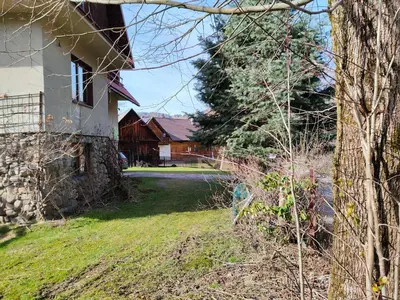 a yard with a house and a tree at Chata Pod Kwiatkiem in Zawoja