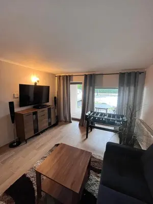 a living room with a couch and a tv at Dom w Beskidach in Zagórnik