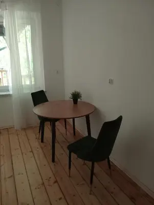 a table with two chairs and a potted plant on it at Apartament Central Station Batorego in Kraków