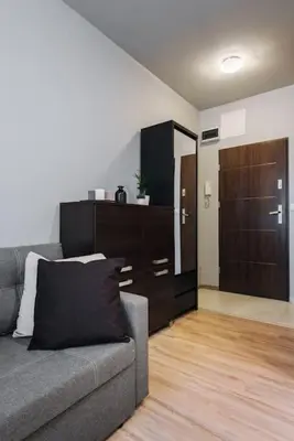 a living room with a couch and a door to a hallway at Studio with balcony - Rzeszowska 4 Street in Kraków