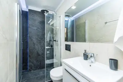 a bathroom with a shower and a sink and a toilet at Premium Vintage Apartament by Krakow Home in Kraków