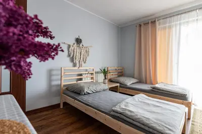 a bedroom with two bunk beds and a window at Noclegi u Eweliny in Zator