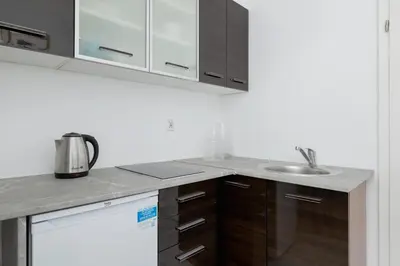 a kitchen with wooden cabinets and a sink at Studio apartment with AC - Długa 65 in Kraków