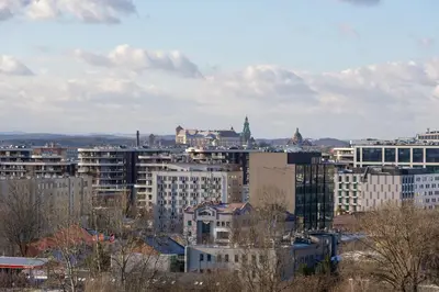 a view of a city with tall buildings at Mogilska Apartments with Parking near TAURON Arena Kraków by Noclegi Renters in Kraków