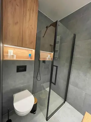 a bathroom with a shower and a toilet at Apartment 41 in Kraków