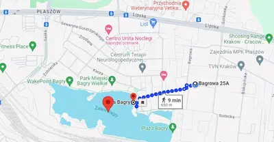 a map of the trail with red markers at Apartment 41 in Kraków