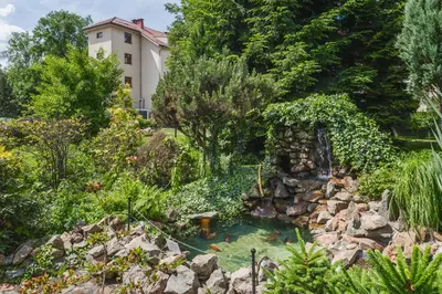 a garden with a pond in front of a building at Hostel Biały Dom in Kraków