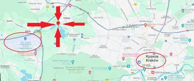 a map with two red arrows on it at Hotel GoGreen *** in Kraków