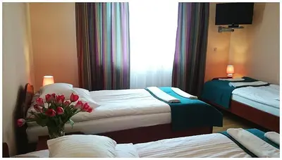 a hotel room with two beds and a vase of flowers at Hotel GoGreen *** in Kraków