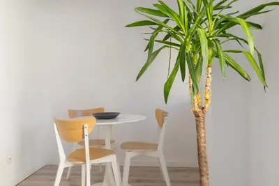 a table and chairs and a palm tree in a room at Apartment with balcony - Paulinska 8 street in Kraków