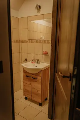 a bathroom with a sink and a shower at Domek Zacisze Zator Graboszyce in Graboszyce