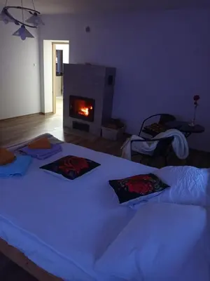 a bedroom with a bed with a fireplace in it at Zaciszny zakątek pod Różą in Skawinki
