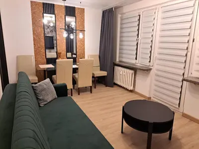 a room with a fireplace and a mirror and a door at Green Apartament in Oświęcim