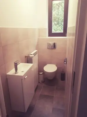 a small bathroom with a toilet and a sink at Apartament Roztoki 4a in Rabka-Zdroj