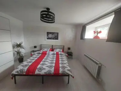 a bedroom with a bed and a window at Apartament u Majki in Bystra